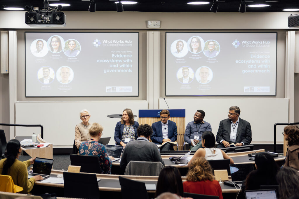 The four panellists and chair converse during their session at the What Works Hub for Global Education conference in 2024.