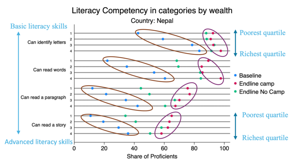 Graph showing literacy skills on the left y axis, wealth quartiles on the right y axis, and share of proficients on the x axis.